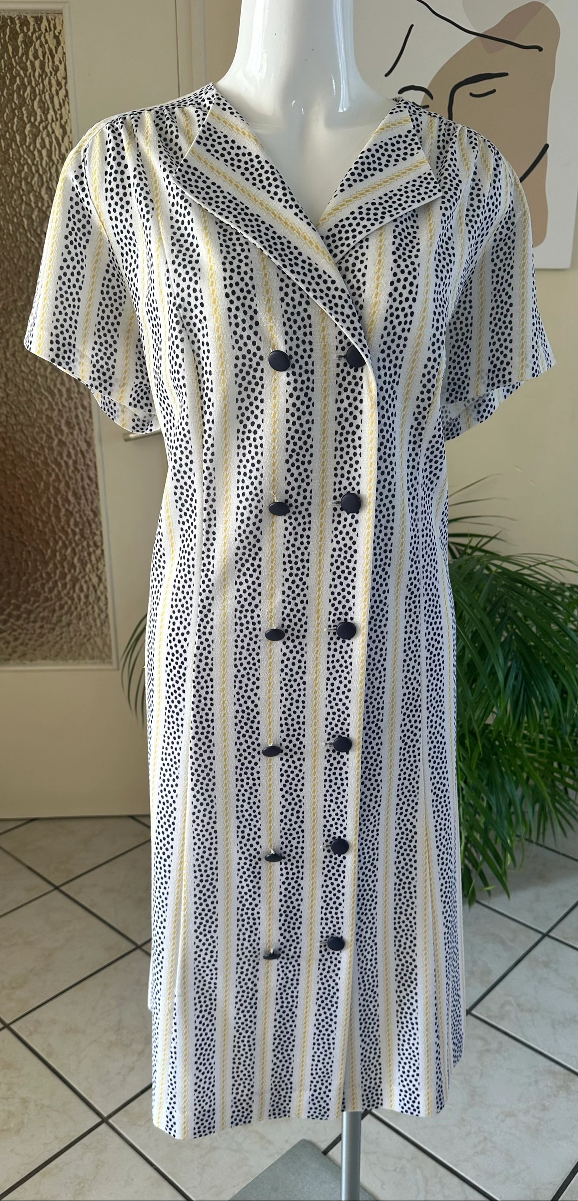 Vestido vintage estampado azul-marinho e amarelo tamanho 44/46 – Condição impecável – photo 6
